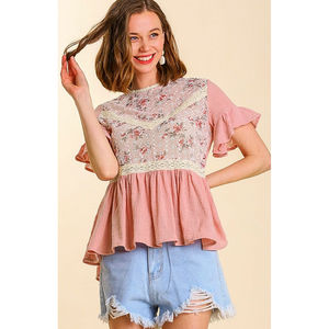 New UMGEE S Rose Pink Short Sleeve Floral Eyelet Lace Trim Tie Back Cotton Top